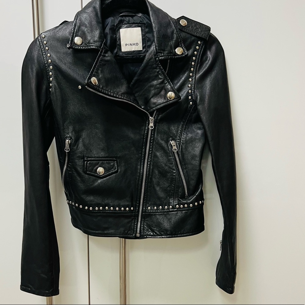 Pinko Black Studded Leather Moto Jacket